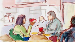 The Sunday Art Show - Urban sketch of people in cafe using inktense travel set